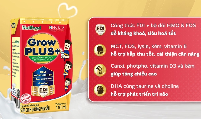 Sữa pha sẵn Nutifood GrowPLUS+ đỏ hương vani 110 ml cho trẻ suy dinh dưỡng, thấp còi (từ 1 tuổi)