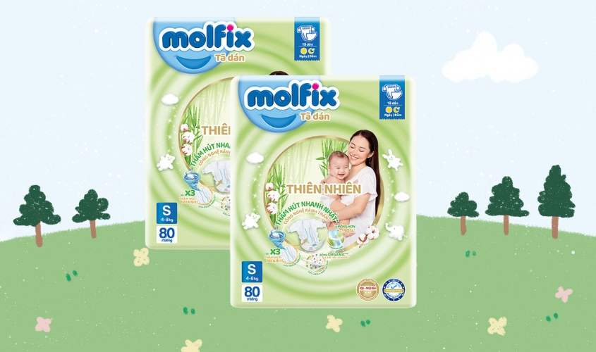 Combo 2 tã dán Molfix thiên nhiên size S 80 miếng/bịch (4 - 8 kg)