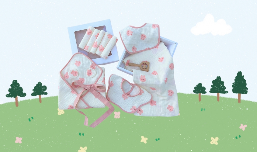 Set phụ kiện cho bé 4 món muslin Bessla - Thỏ hồng