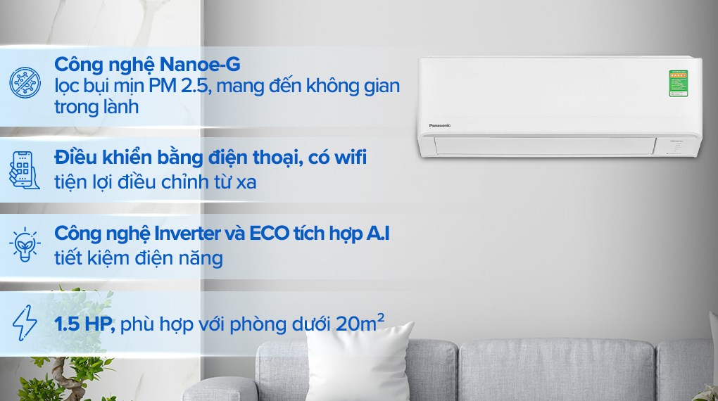 Máy lạnh Panasonic Inverter 1.5 HP CU/CS-PU12AKH-8 lọc sạch bụi mịn PM2.5, khử mùi hiệu quả nhờ công nghệ Nanoe-G và Nanoe™ X
