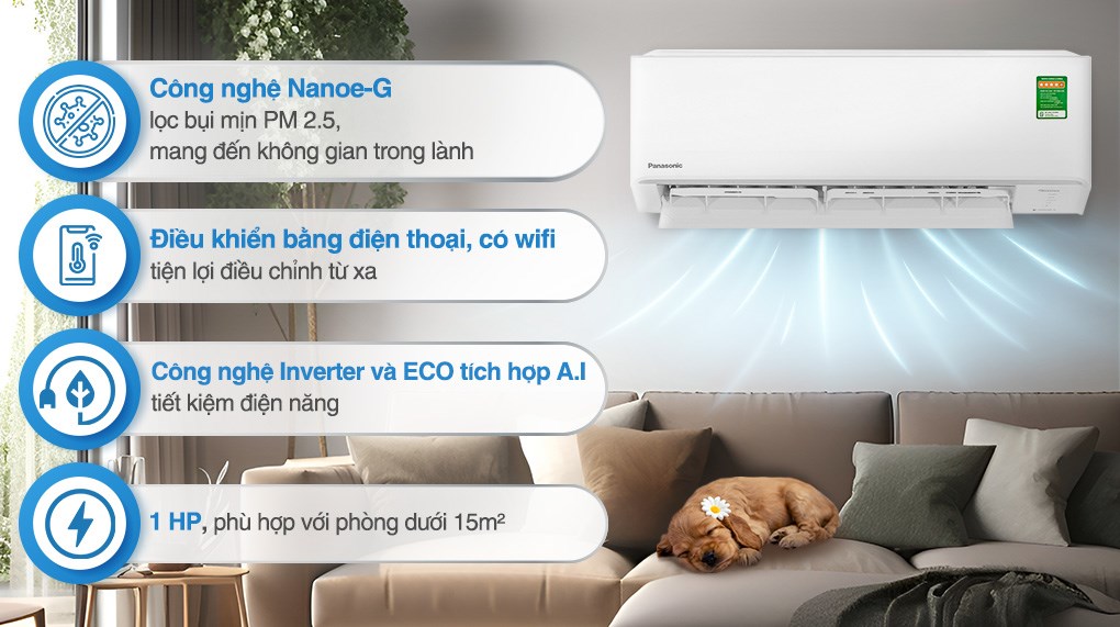 Máy lạnh Panasonic Inverter 1 HP CU/CS-PU9AKH-8 trang bị công nghệ Inverter và ECO + AI giúp tiết kiệm điện hiệu quả, vận hành êm ái