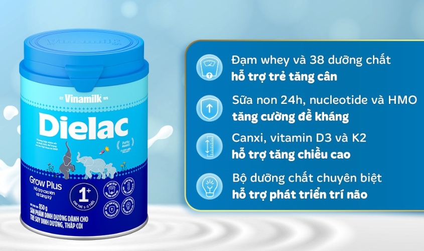 Sữa bột Dielac Grow Plus 1+ (sữa non) hương vani 850g (1 - 2 tuổi)