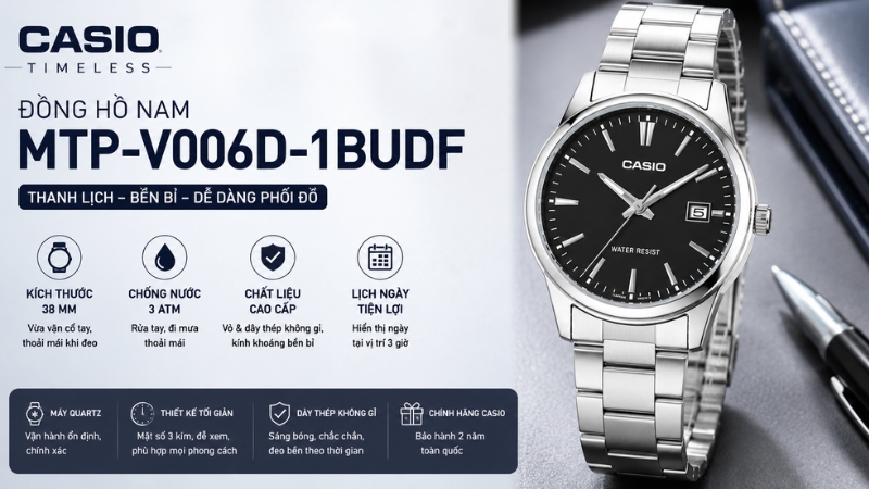 Đồng hồ Casio Timeless 38 mm Nam MTP-V006D-1BUDF Đồng hồ Casio Timeless 38 mm Nam MTP-V006D-1BUDF