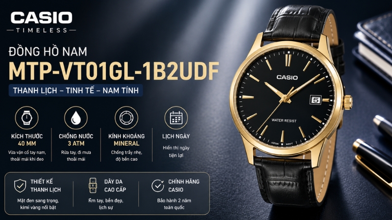 Đồng hồ CASIO Timeless 40 mm Nam MTP-VT01GL-1B2UDF Đồng hồ CASIO Timeless 40 mm Nam MTP-VT01GL-1B2UDF