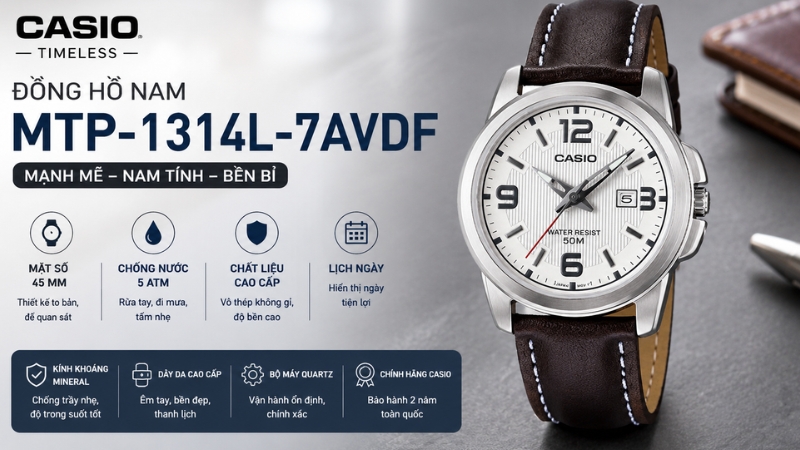 Đồng hồ CASIO Timeless 45 mm Nam MTP-1314L-7AVDF Đồng hồ CASIO Timeless 45 mm Nam MTP-1314L-7AVDF