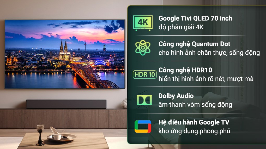 Google Tivi QLED Aqua 4K 70 inch AQT70K800UX có màn hình lớn 70 inch với độ phân giải hình ảnh 4K mang đến trải nghiệm xem hoàn hảo