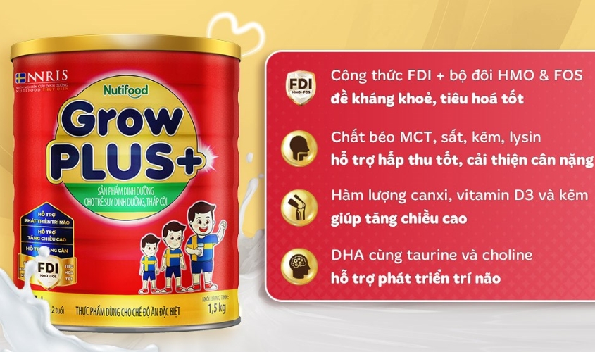 Sữa bột Nutifood GrowPLUS+ đỏ 1+ hương vani 1.5 kg (1 - 2 tuổi) dành cho trẻ suy dinh dưỡng, thấp còi