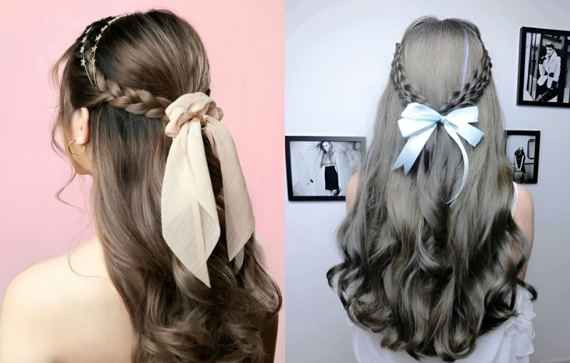 Kiểu thắt tóc nửa mái với nơ