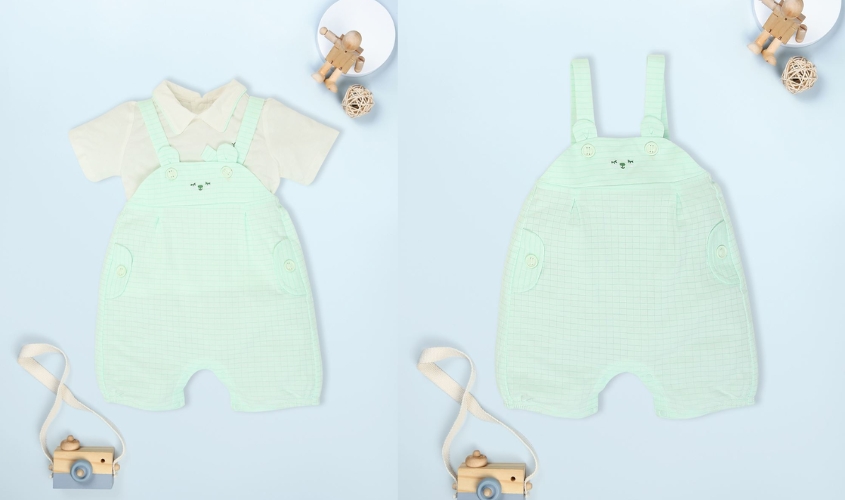 Set yếm cổ đức túi cài La Pomme màu xanh dương - trắng