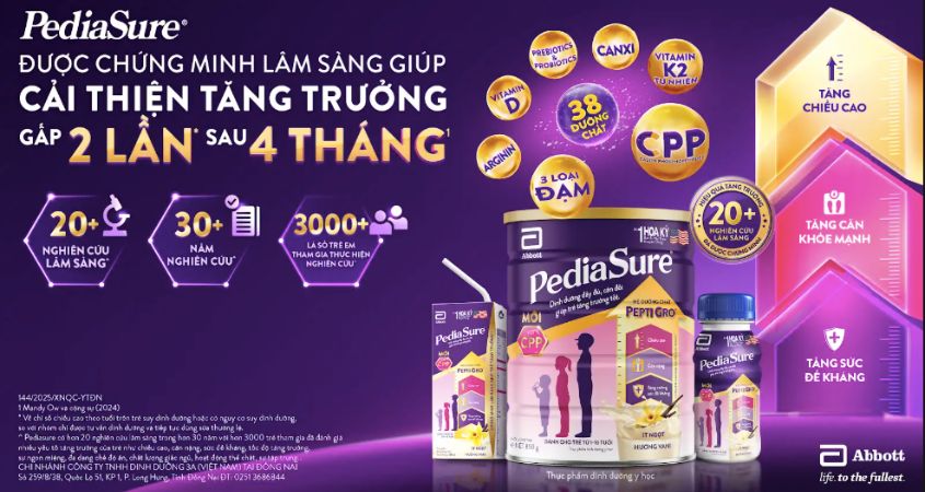 Sữa bột Pediasure bao gồm đủ các chất cần thiết và tỷ lệ cân đối