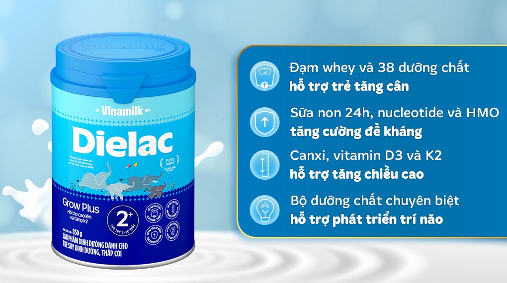 Sữa bột Dielac Grow Plus 2+ (sữa non) hương vani 850g (2 - 10 tuổi) dành cho trẻ suy dinh dưỡng, thấp còi 