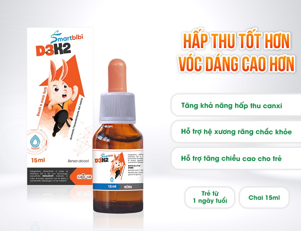 Siro Smartbibi D3K2 hỗ trợ hấp thu canxi 15 ml (từ 0 tháng)