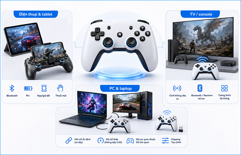 Người dùng nên chọn tay cầm theo thiết bị, kiểu kết nối và thể loại game thường chơi Người dùng nên chọn tay cầm theo thiết bị, kiểu kết nối và thể loại game thường chơi