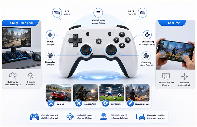 Gamepad thường có nút điều hướng, cần analog, trigger, bumper và các phím chức năng hỗ trợ thao tác trong game Gamepad thường có nút điều hướng, cần analog, trigger, bumper và các phím chức năng hỗ trợ thao tác trong game
