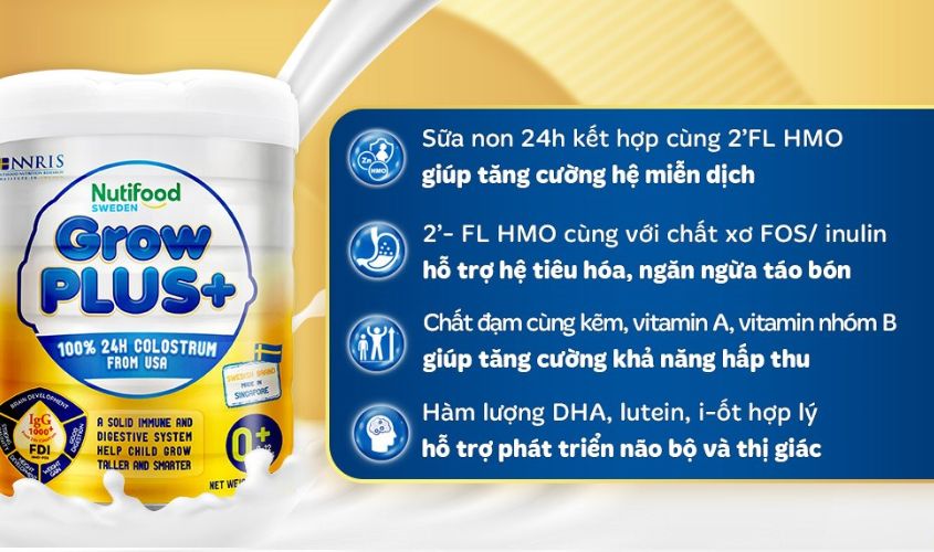 Sữa bột Nutifood GrowPLUS+ vàng 0+ (sữa non) hương vani 800g (0 - 12 tháng)