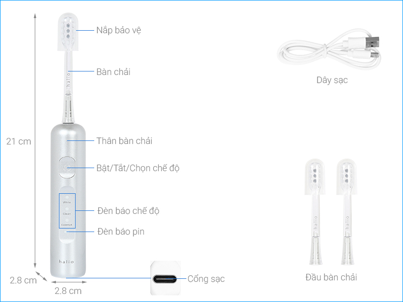 Bàn chải điện Halio Wave Sonic Silver Frost có cấu tạo đơn giản giúp người dùng dễ hiểu và dễ sử dụng
