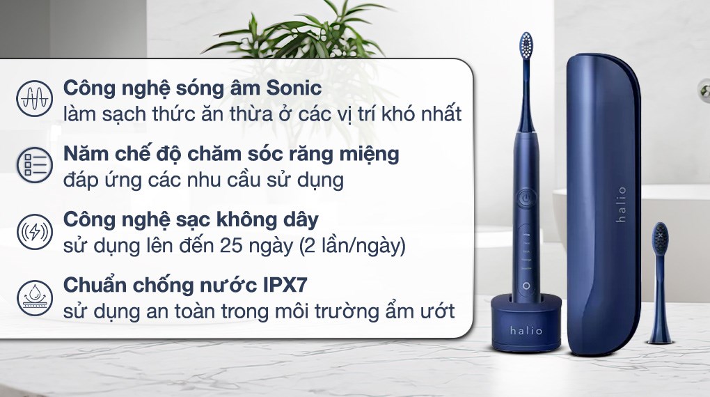 Bàn chải điện Halio Sonic Whitening Pro Midnight Blue với 5 chế độ làm sạch cho răng sáng khỏe và nướu dịu êm mỗi ngày