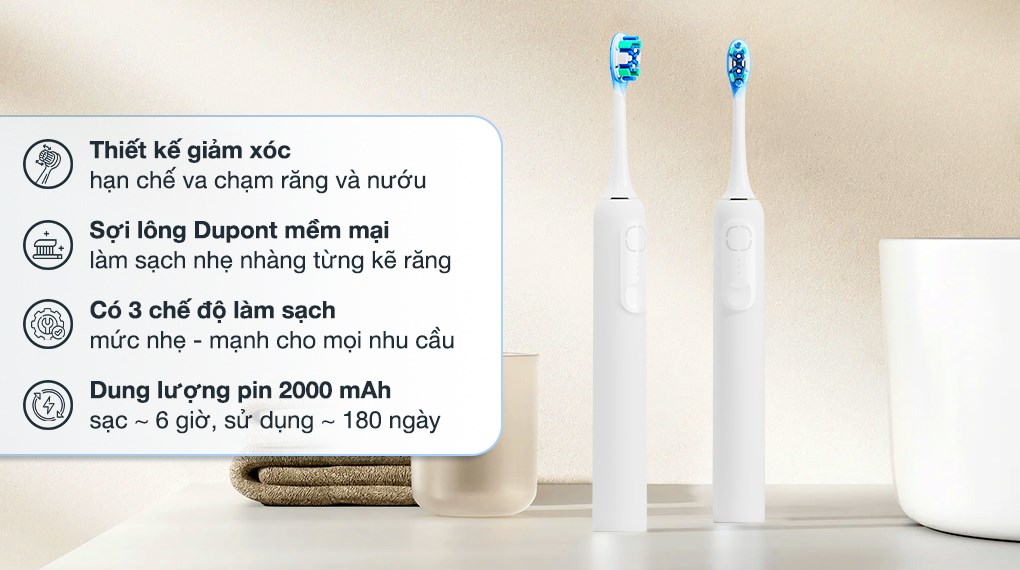 Bàn chải điện Xiaomi White GL thiết kế gọn đẹp, rung mạnh làm sạch sâu, pin 180 ngày, chống nước IPX8 Bàn chải điện Xiaomi White GL thiết kế gọn đẹp, rung mạnh làm sạch sâu, pin 180 ngày, chống nước IPX8