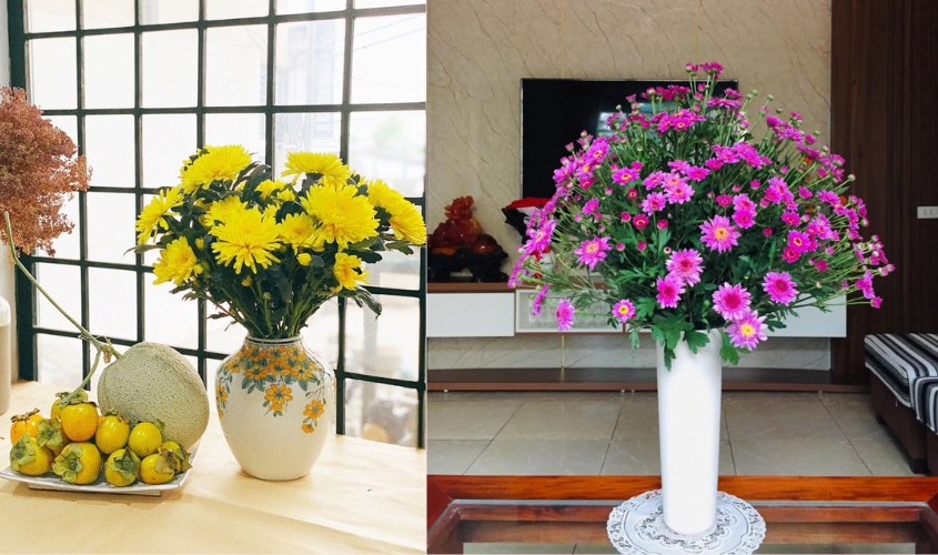 Cách cắm hoa ngày Tết - hoa cúc vàng và tím
