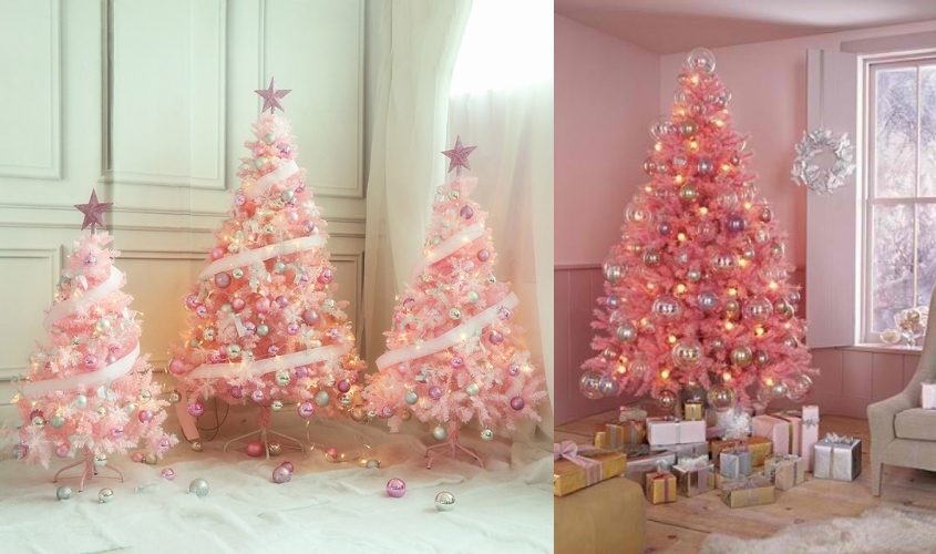 Trang trí cây thông theo tông màu hồng mang lại cảm giác lãng mạn