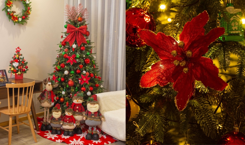 Hình ảnh trang trí cây thông Noel với hoa trạng nguyên