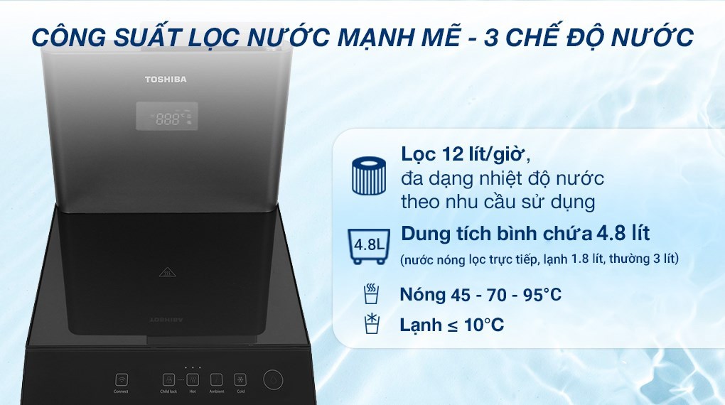 Máy lọc nước RO nóng nguội lạnh Toshiba TWP-W2399SVN(M) 10 lõi có công suất lọc 12 lít/giờ đáp ứng nhu cầu sử dụng nước cơ bản hằng ngày của gia đình
