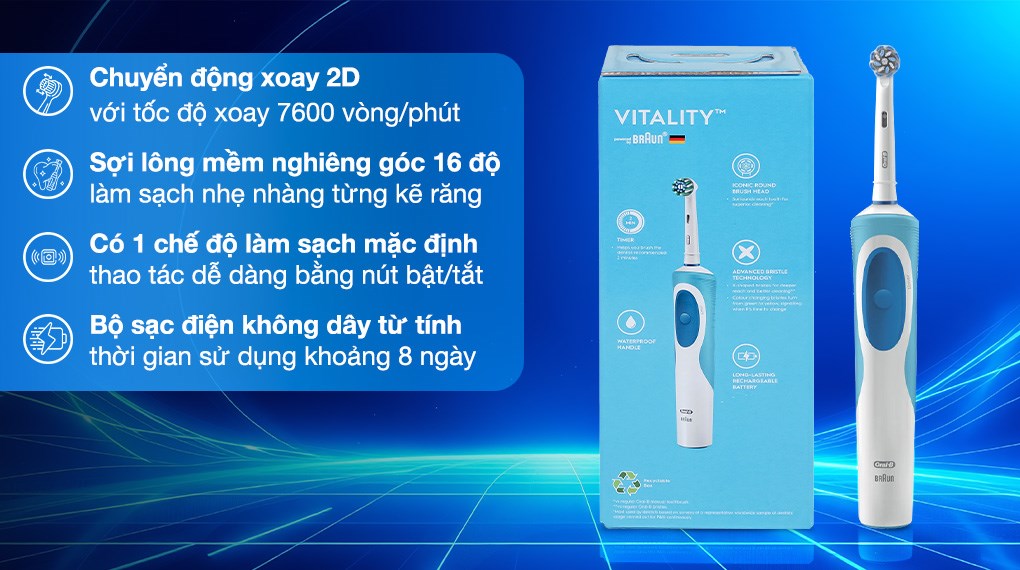 Bàn chải điện Oral-B Vitality Extra Sensitive Clean D12.513 làm sạch răng miệng hiệu quả Bàn chải điện Oral-B Vitality Extra Sensitive Clean D12.513 làm sạch răng miệng hiệu quả