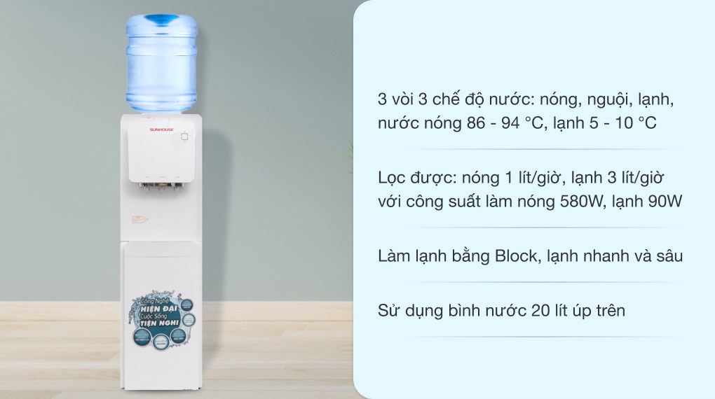 Cây nước nóng lạnh Sunhouse SHD9546 670W có kích thước: cao 96.6cm - ngang 31.3cm - sâu 29.5cm - nặng 13kg