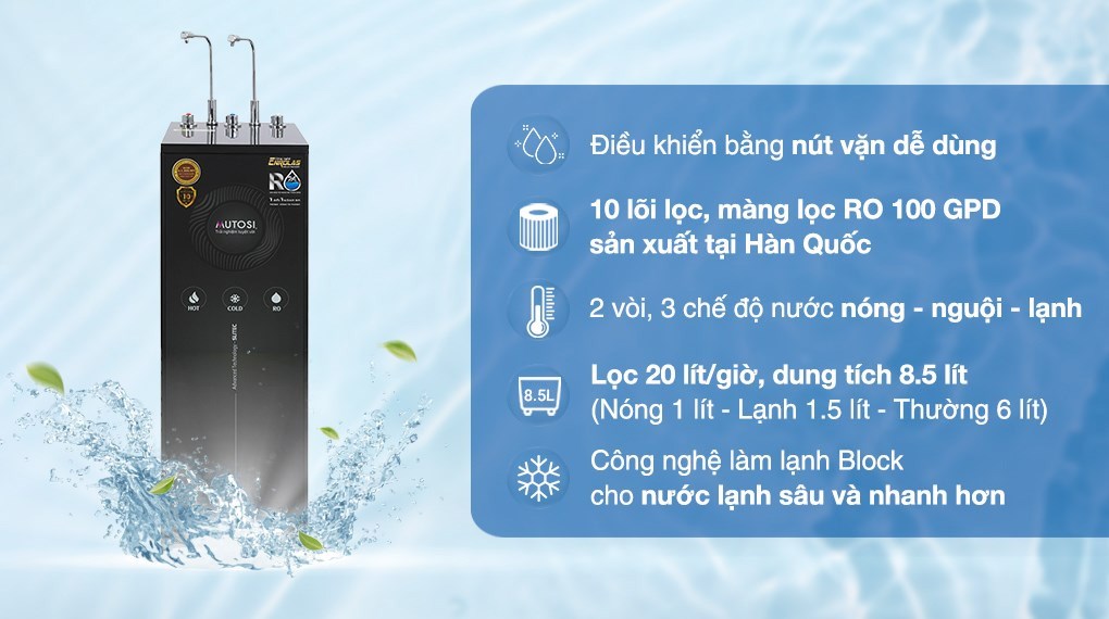 Máy lọc nước RO nóng lạnh Mutosi MP-6100HCE 10 lõi sở hữu dáng đứng gọn đẹp, thiết kế sang trọng, phù hợp bố trí trong nhiều không gian