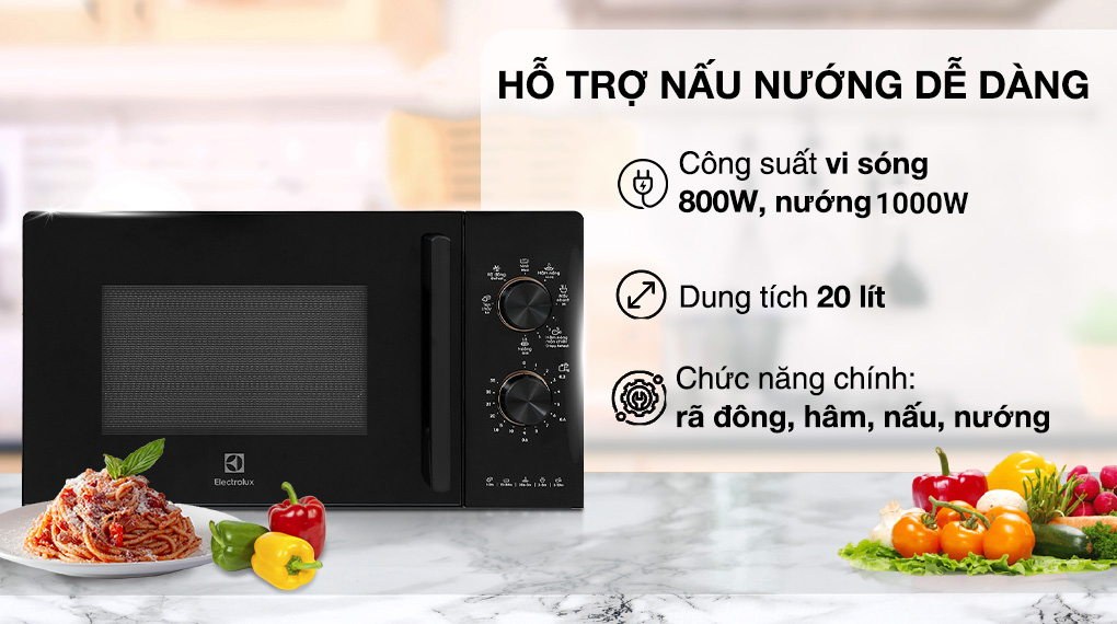 Lò vi sóng Electrolux EMG20K22B với nướng 1000W, thao tác nút xoay đơn giản