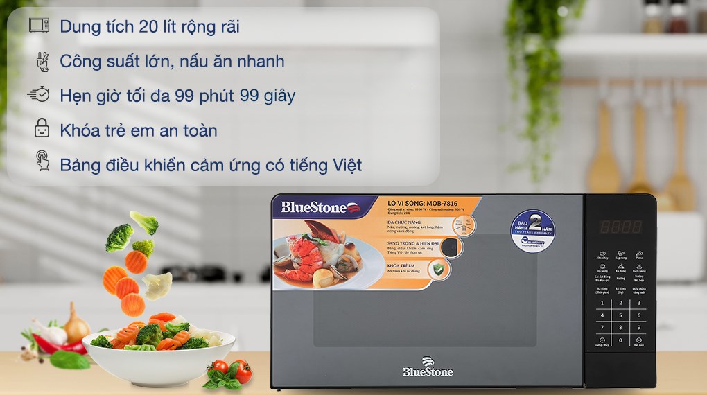 Lò vi sóng BlueStone MOB-7816 tích hợp vi sóng và nướng mạnh mẽ, đa chế độ nấu tiện lợi
