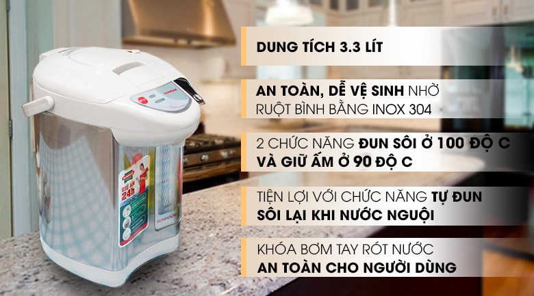 Bình thủy điện Sunhouse SHD1533 3.3 lít thiết kế đơn giản, an toàn, có 3 cách rót nước tiện lợi