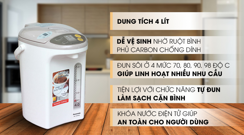 Bình thủy điện Panasonic NC-EG4000CSY 4 lít dung tích lớn, nhiều chế độ giữ ấm và tính năng an toàn