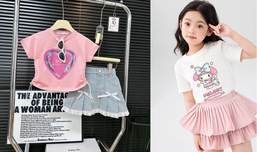 Phối áo thun cùng chân váy đáng yêu cho bé