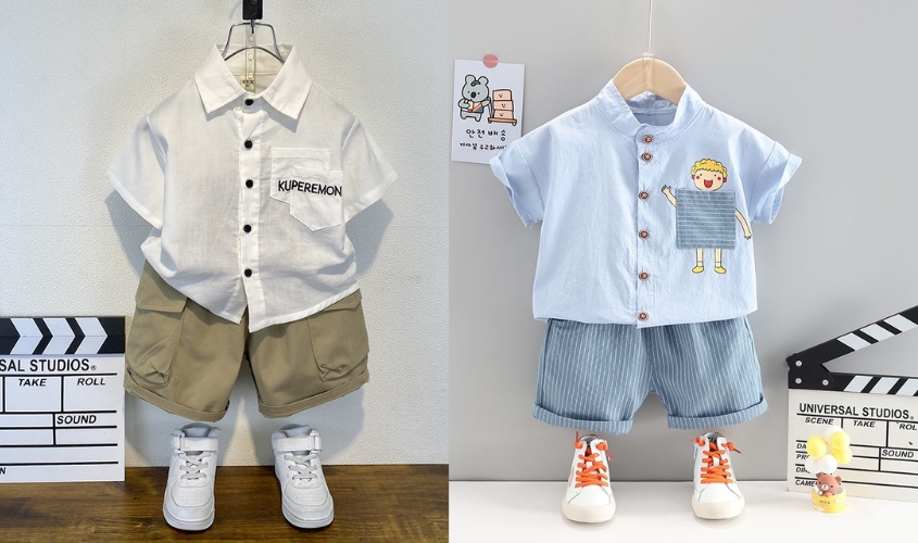 Phối áo sơ mi kết hợp cùng quần lửng cho bé chơi Tết năng động