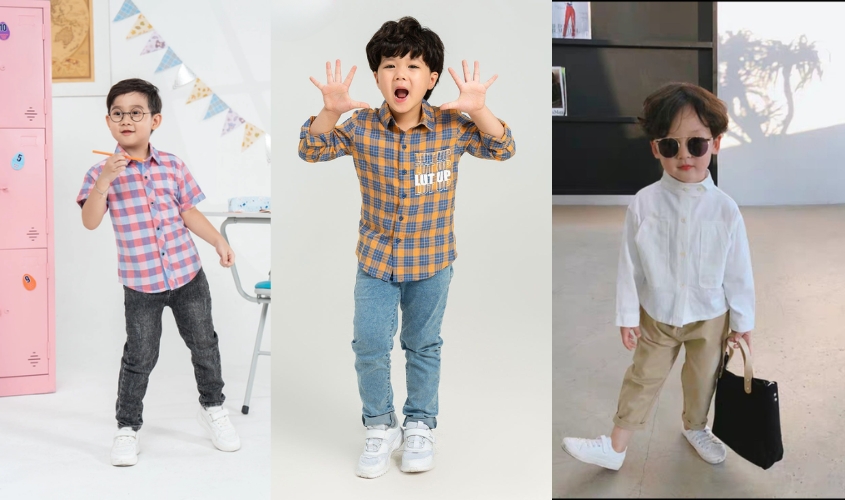 Diện áo sơ mi kết hợp cùng quần jean sẽ khiến bé trai lịch lãm hơn