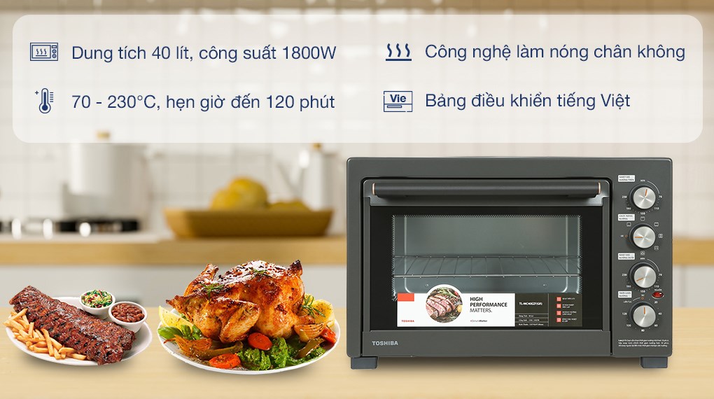 Lò nướng Toshiba 40 lít làm nóng chân không, 6 chế độ nướng, khoang thép không gỉ