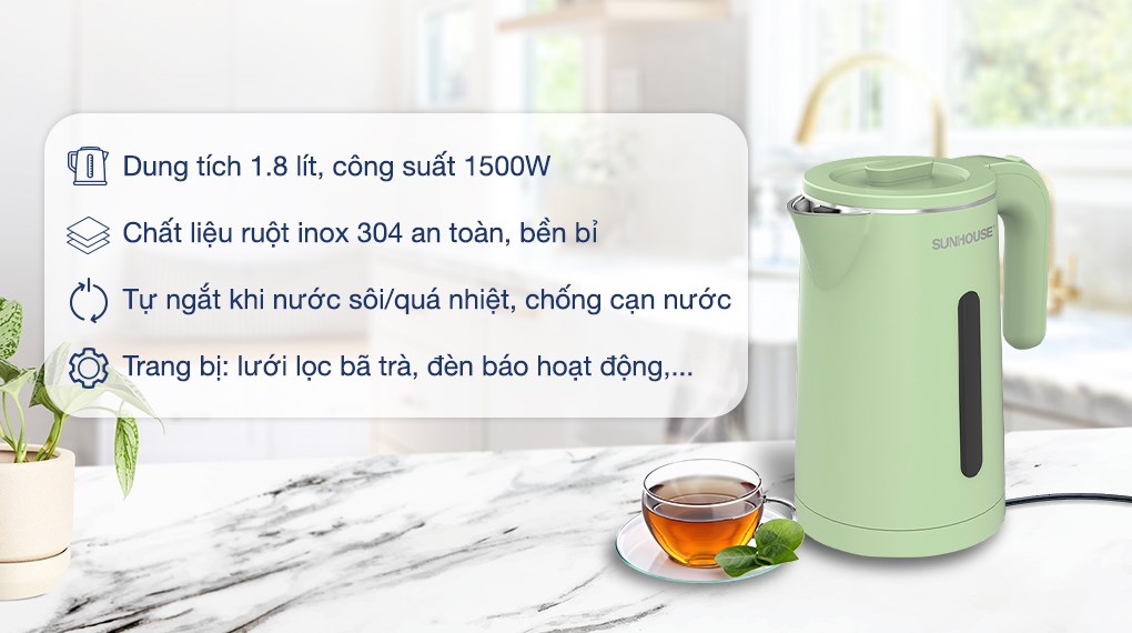 Bình đun siêu tốc Sunhouse SHD1353 với thiết kế 2 lớp inox và nhựa PP cách nhiệt, an toàn khi sử dụng