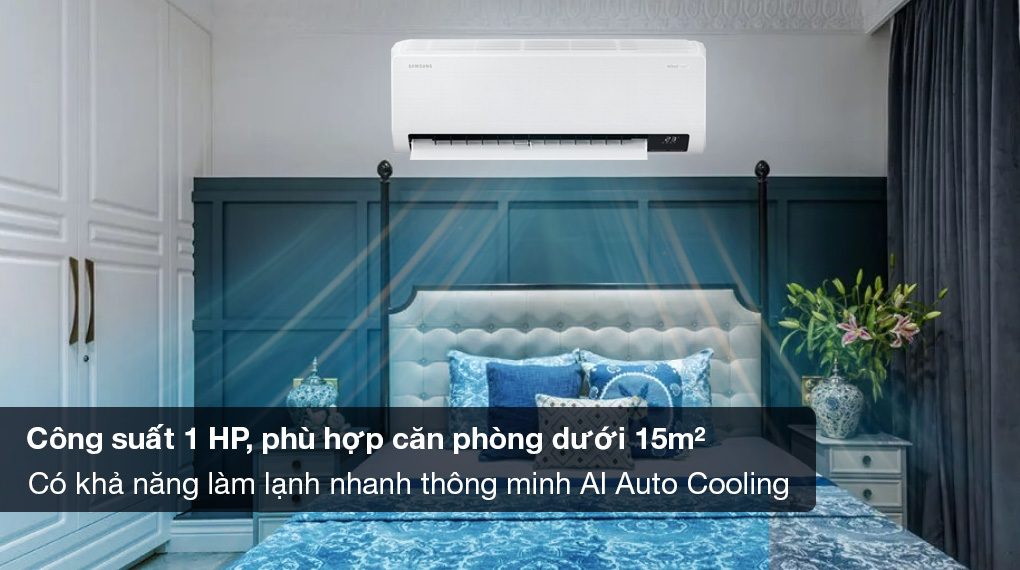 Máy lạnh Samsung Wind-Free Inverter 1 HP AR10CYECAWKNSV hoạt động với công suất 1 HP, phù hợp diện tích phòng dưới 15m2