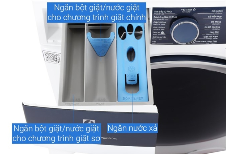 Máy giặt sấy Electrolux UltimateCare 700 Inverter giặt 11 kg - sấy 7 kg EWW1142Q7WB có 3 ngăn đựng nước giặt, xả tiện dụng