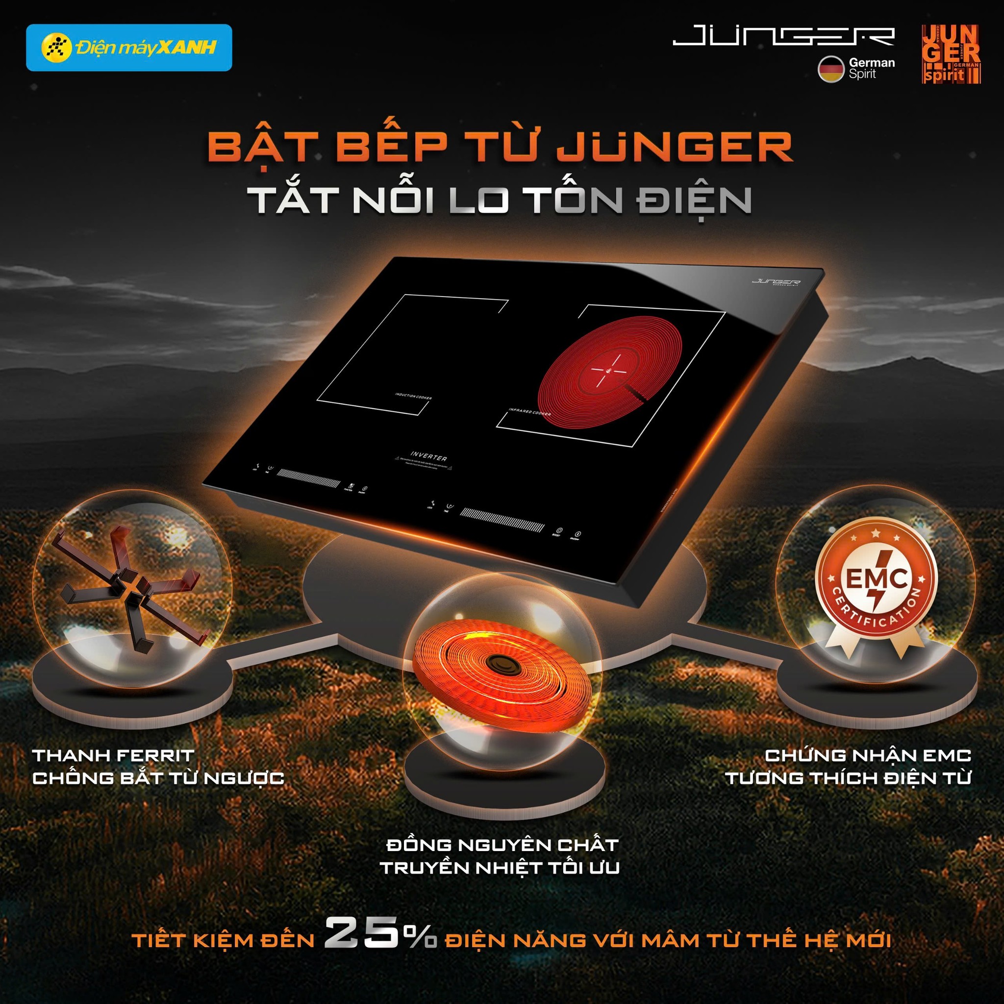 Bếp từ hồng ngoại cao cấp lắp âm bán chạy JUNGER JG SIS-66 công suất lớn, không kén nồi, bếp đúc nguyên khối chắc chắn, mặt kính cao cấp, sò công suất IBGT (Đức)