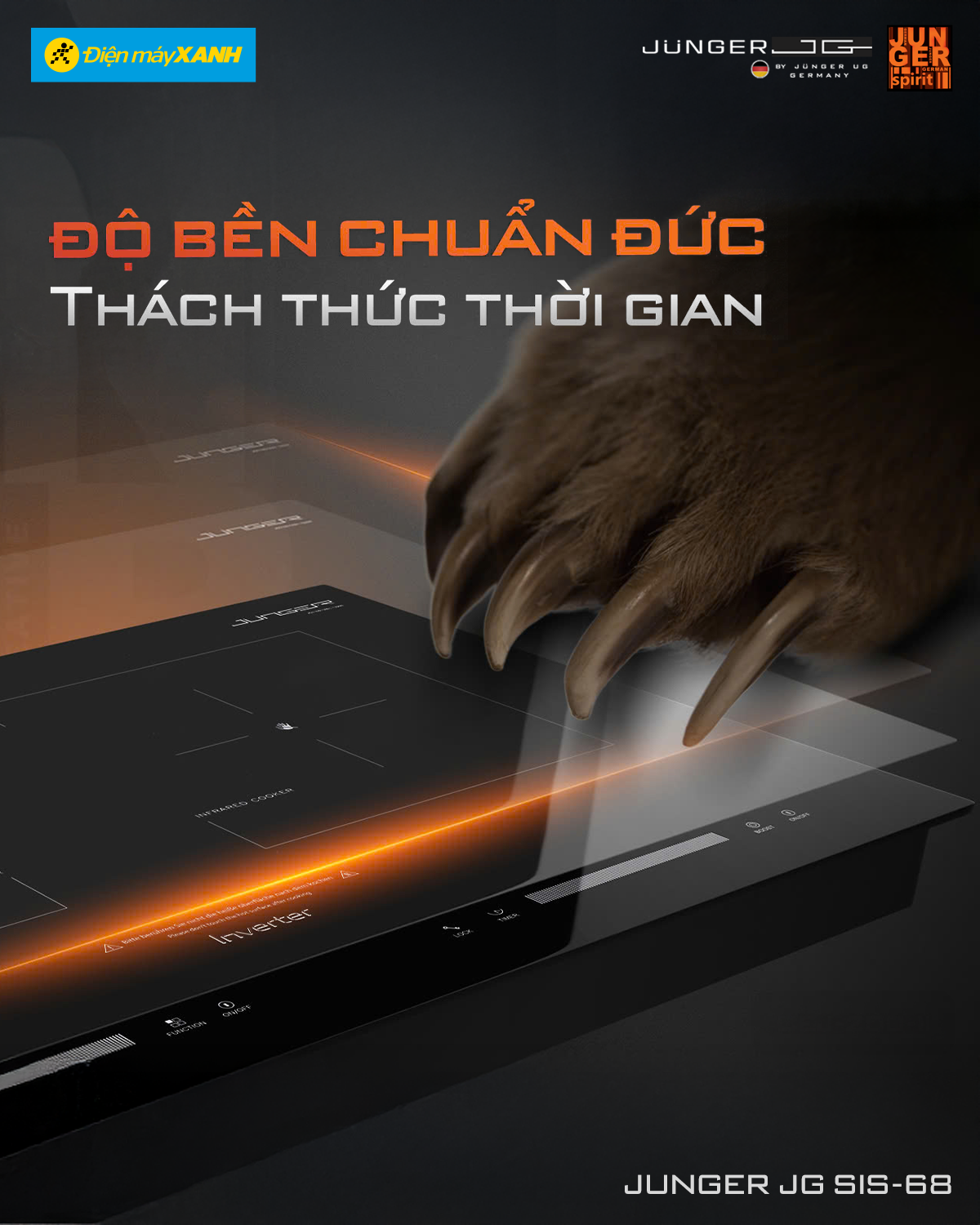 Bếp từ đôi cao cấp Junger có thân bếp đúc nguyên khối, mặt kính Ceramic cao cấp, Bảo hành chính hãng 3 năm, có người đến tận nhà