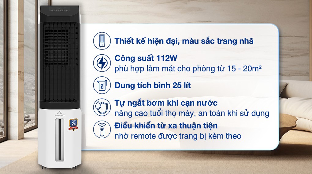 Quạt điều hoà Hòa Phát HPCF1‑045 màu trắng, bảng điều khiển nút nhấn, bình chứa 25 L, remote