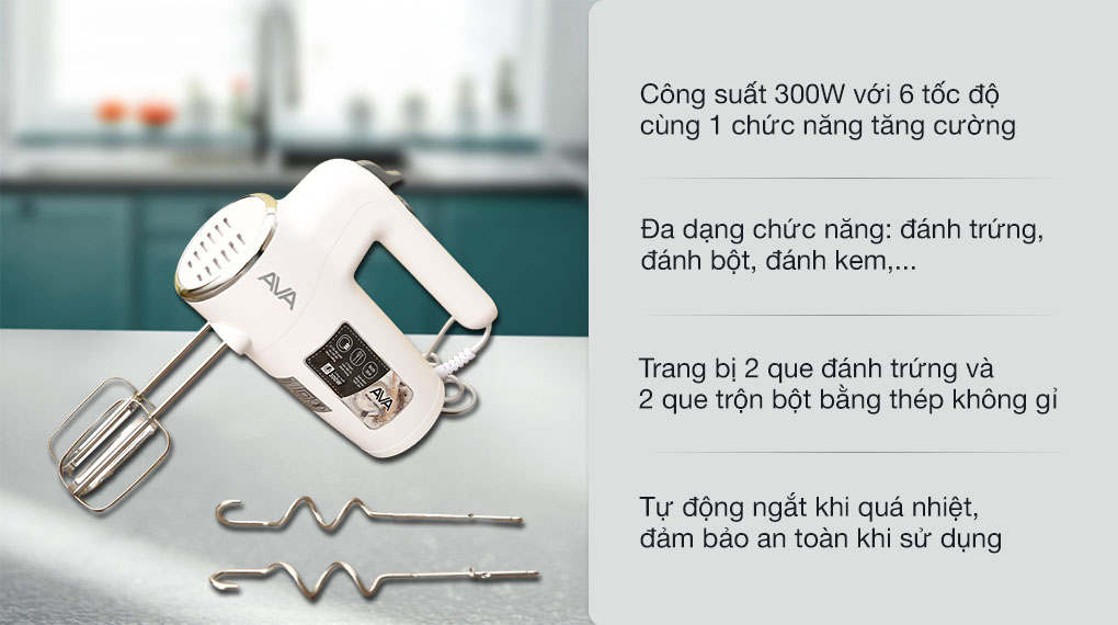 Máy đánh trứng AVA HM9103-GS công suất 300W, 6 tốc độ, nút Turbo, động cơ đồng bền bỉ, thiết kế gọn nhẹ dễ dùng