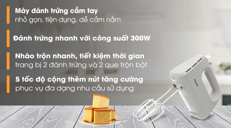 Máy đánh trứng Philips HR3705/20 thiết kế nhỏ gọn, 300W, 5 tốc độ và nút Turbo, kèm que đánh và trộn bằng thép không gỉ