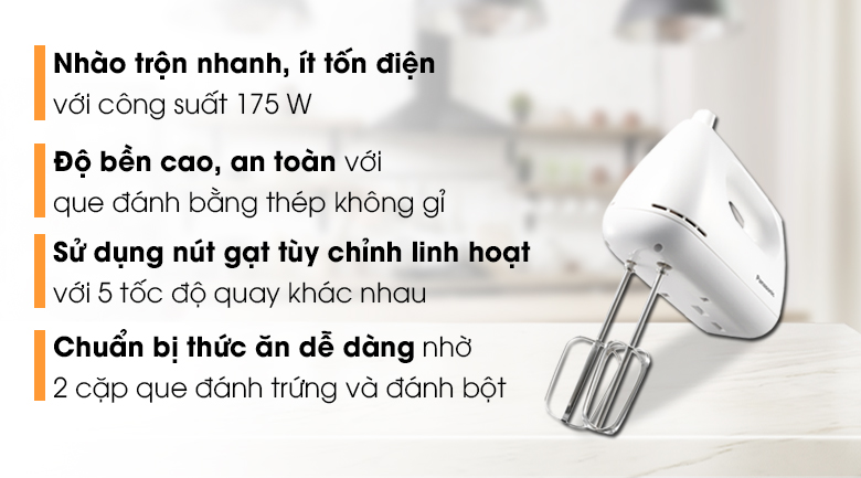 Máy đánh trứng Panasonic MK-GH3WRA gọn đẹp, công suất 175W, 5 tốc độ, kèm que đánh trứng và trộn bột bằng thép không gỉ