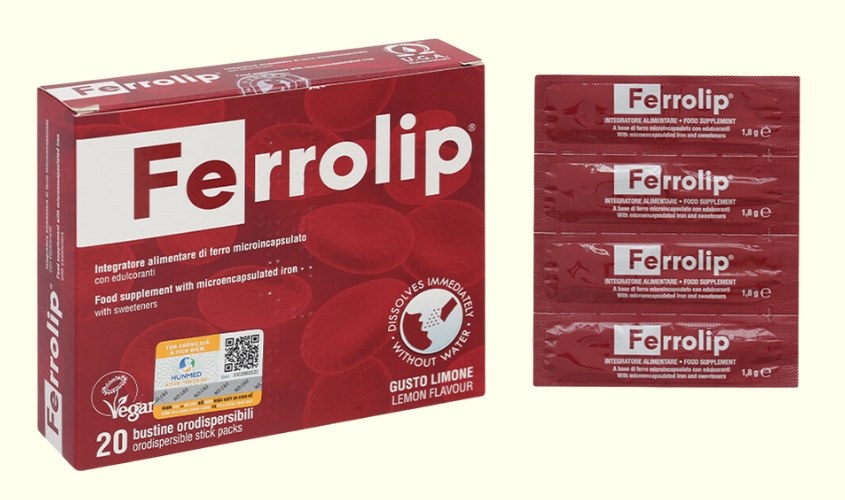 Ferrolip bổ sung sắt, hỗ trợ tạo hồng cầu hương chanh, 20 gói dạng bột (từ 12 tuổi)