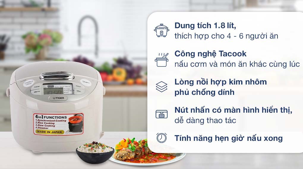 Nồi cơm điện tử Tiger JAX-S18W 1.8 lít, công nghệ Tacook, thiết kế sang trọng