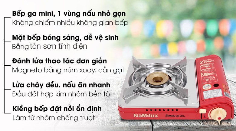 Bếp gas mini Namilux NH-P2915PS màu đỏ bạc nổi bật, dùng được lon gas mini và bình lớn