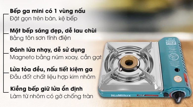 Bếp gas mini Namilux NH-P3031PS màu xanh ngọc lam, thiết kế tinh tế